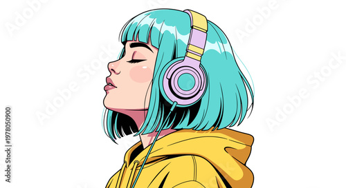 Stylized illustration of a young woman with turquoise hair wearing headphones and a yellow hoodie side profile vibrant colors music enthusiast