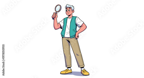Cartoon man investigating with magnifying glass in hand standing confidently on white background