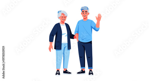 Elderly couple smiling and waving together in casual blue attire on white background