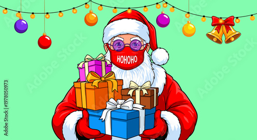 Cartoon santa claus wearing sunglasses holds colorful presents in festive holiday scene with green background and string lights