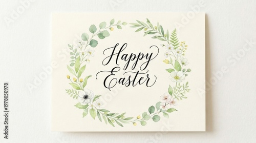 Minimalist Happy Easter Wreath Card with Green Foliage