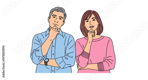 Stylized illustration of a thoughtful man and woman in contemplative poses with hands on chins