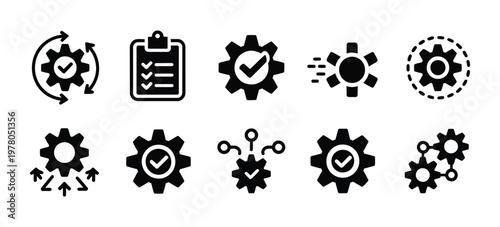 Gear settings icon set, vector illustration, containing execution, process, system, evaluation, efficiency, business management, project, task, implementation, operation, optimization, and performance