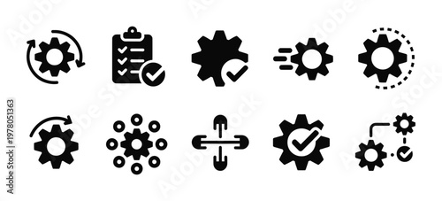 Gear settings icon set, vector illustration, containing execution, process, system, evaluation, efficiency, business management, project, task, implementation, operation, optimization, and performance