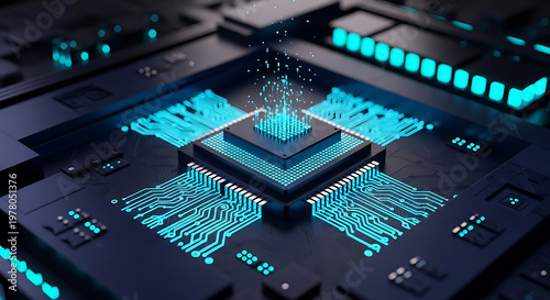 computer chip on a circuit board depicting data processing and artificial intelligence showcasing advanced digital technology.