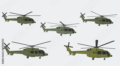 Military helicopter illustration set, army chopper vector collection, combat and transport aircraft isolated on white background, clean flat vector design representing tactical aviation, 