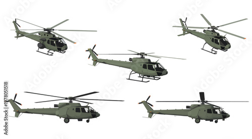 Military helicopter illustration set, army chopper vector collection, combat and transport aircraft isolated on white background, clean flat vector design representing tactical aviation, 