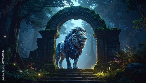 Majestic Lion Standing Under an Ancient Stone Archway in a Mystical Enchanted Forest at Night.
