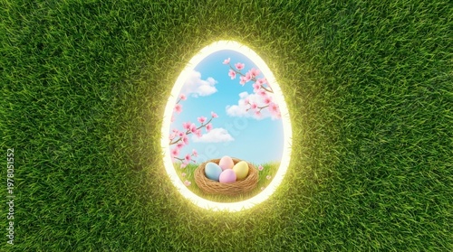 Luminous Neon Easter Egg Frame on Green Grass
