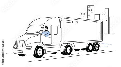 Delivery Truck Illustration Professional Driver Operating Large Commercial Vehicle on Urban City Road Transportation and Logistics Line Art