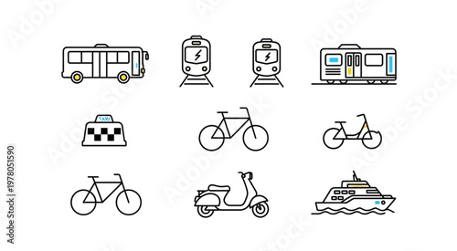 Collection of various transportation vehicles and modes of travel in black and white.