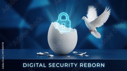 Digital Security Reborn Concept with Glowing Lock and Dove