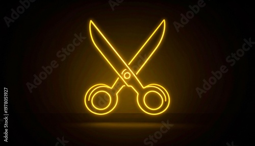 Neon scissors glow yellow dark background