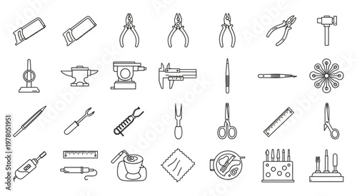Collection of various tools used for crafting and jewelry making, all in line art style.