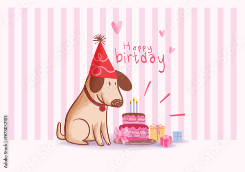 A cute dog, puppy wearing a party hat with birthday cake hand drawn kawai vector illustration.. Perfect for holiday  greeting cards, invitations, and celebration-themed designs.