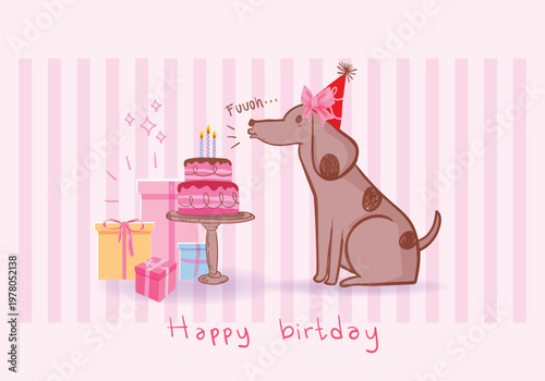 A cute dog, puppy wearing a party hat with birthday cake hand drawn kawai vector illustration.. Perfect for holiday  greeting cards, invitations, and celebration-themed designs.