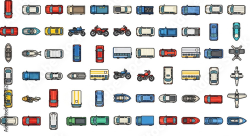 Collection of various vehicles seen from above.