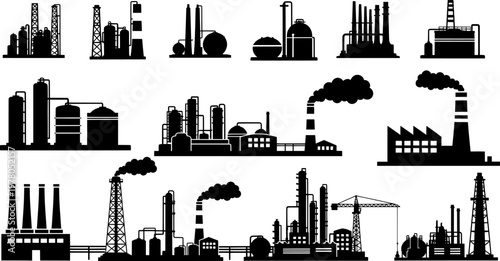 Factory, power plant industrial icons. Factory, power plant, oil refinery and oil processing plant industrial icon. Transparent background EPS version.