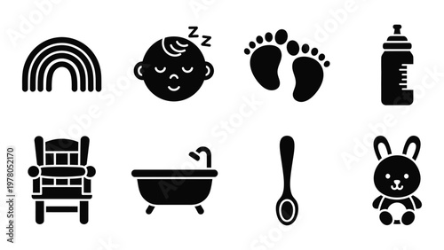 A collection of simple black icons depicting baby related items like a rainbow footprints bottle and toys high quality professional detailed