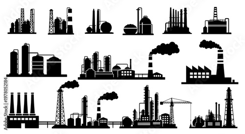 Factory, power plant industrial icons. Factory, power plant, oil refinery and oil processing plant industrial icon. Transparent background SVG version.