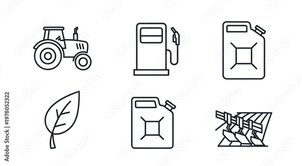 Fototapeta premium Agricultural and industrial icons representing farming, fuel, and nature elements in a line art style.