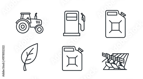 Agricultural and industrial icons representing farming, fuel, and nature elements in a line art style.