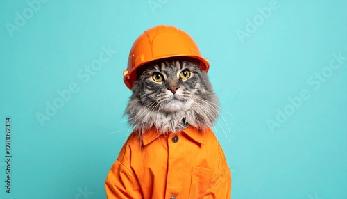 Cat construction humor safety helmet jacket blue