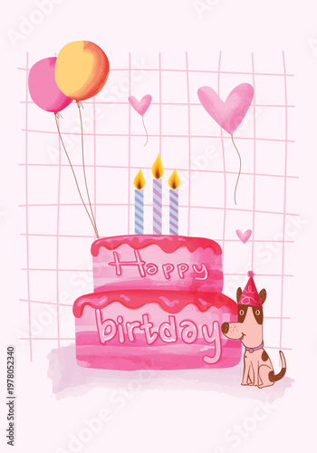 A cute dog, puppy wearing a party hat with birthday cake hand drawn kawai vector illustration.. Perfect for holiday  greeting cards, invitations, and celebration-themed designs.