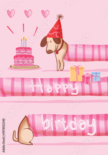 A cute dog, puppy wearing a party hat with birthday cake hand drawn kawai vector illustration.. Perfect for holiday  greeting cards, invitations, and celebration-themed designs.