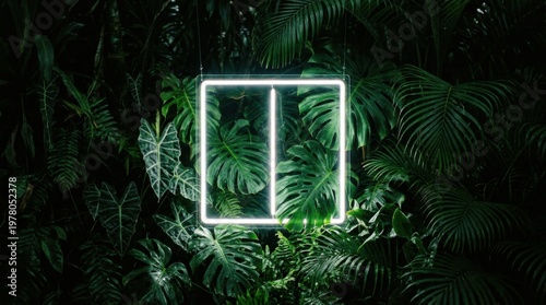 Modern Neon Light Border Over Tropical Forest Leaves