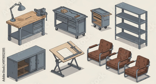 Collection of workshop furniture and equipment isometric illustration.