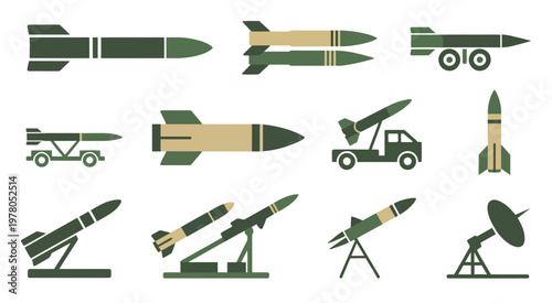 Military missile and rocket launcher vector icon set, modern defense system illustrations, clean flat vector collection featuring ballistic missiles, mobile launchers, and strategic defense units, 