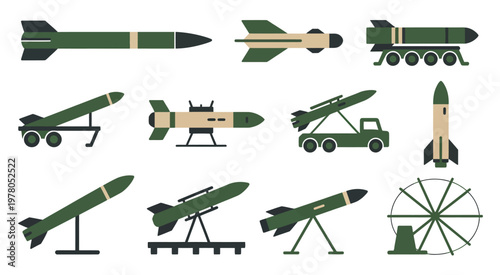 Military missile and rocket launcher vector icon set, modern defense system illustrations, clean flat vector collection featuring ballistic missiles, mobile launchers, and strategic defense units, 
