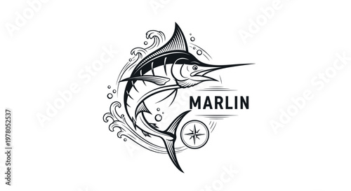 Marlin Fish Emblem with Compass and Waves, Vintage Fishing Logo