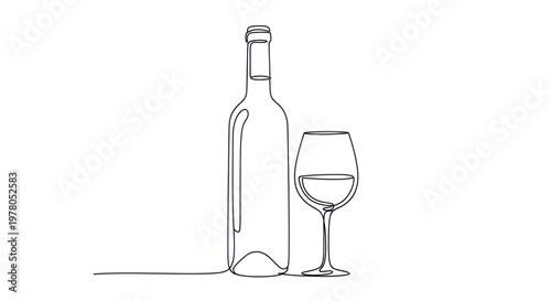 Minimalist Single Line Drawing of Wine Bottle and Glass