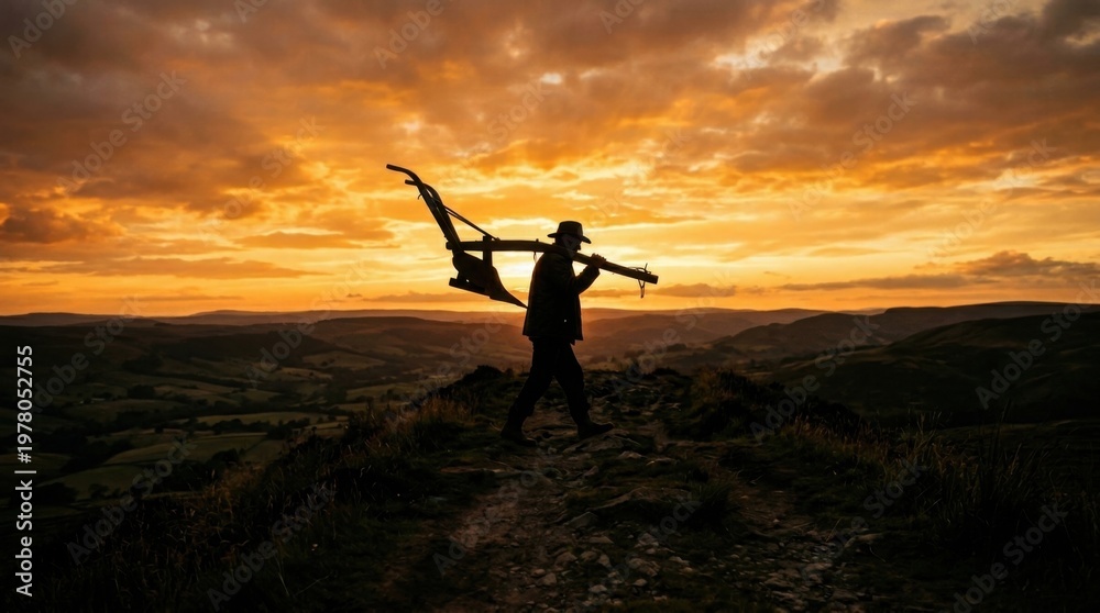 Fototapeta premium Dusk Landscape of Farmer Carrying Tool Over Hills