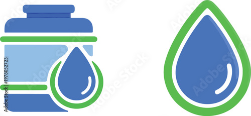 Digital icons symbolizing water purity and liquid storage solutions, highlighting the importance of clean hydration and microscopic examination, similar to studying an amoeba under a microscope
