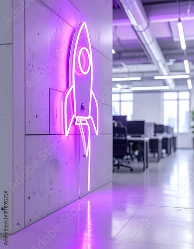 Neon Rocket Sign Illuminating a Modern Office Space.