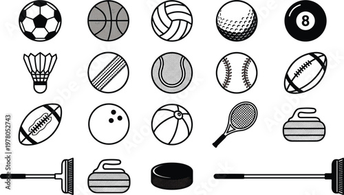 Collection of sports equipment icons including balls rackets curling stones and hockey gear in clean outline style