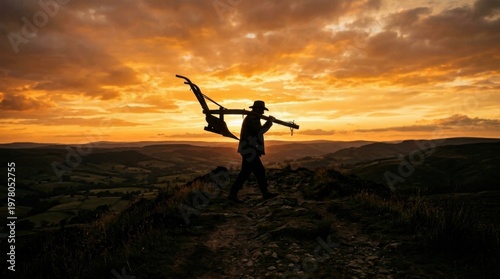 Dusk Landscape of Farmer Carrying Tool Over Hills