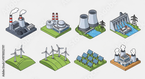 Set of industrial power plant icons and renewable energy sources.