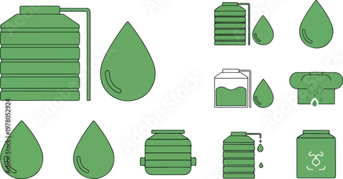 Water tanks and droplets, essential for life, these green line-art icons highlight systems, hinting at unseen biological elements, like an amoeba under a microscope