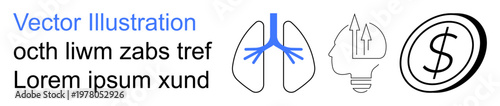 Healthcare, innovation, finance, anatomy, medical research, and economy. Lungs with blue airways, a brain-lightbulb fusion and a dollar currency icon. Healthcare and innovation