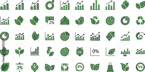 Green business growth and sustainability icons charts, leaves, and eco symbols for a thriving planet