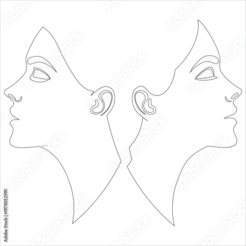 Two opposite profile faces merging into one abstract form
