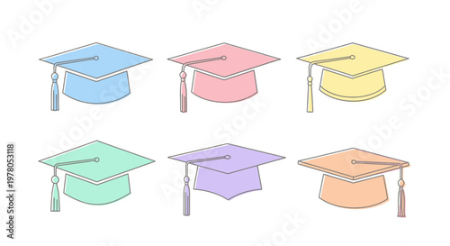 Graduation caps in different colors.