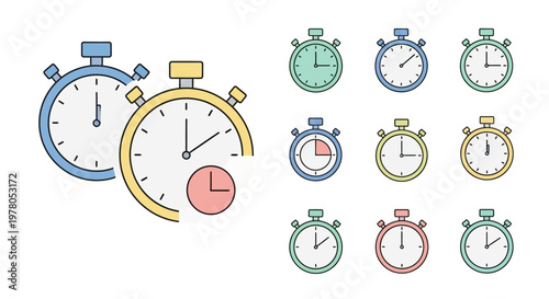 Colorful stopwatch icons on white background.