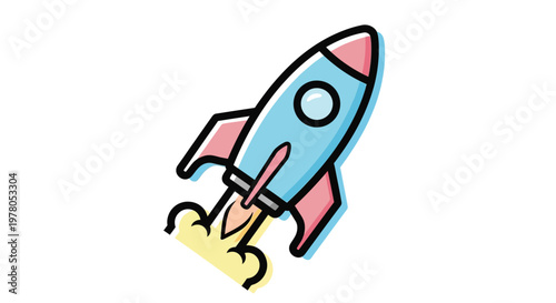 Cartoon rocket ship flying upwards fast.