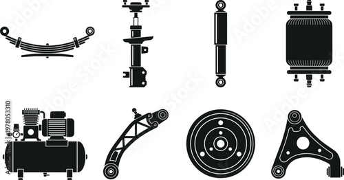 Collection of vehicle suspension and mechanical components icons including shock absorbers springs compressor and braking system elements