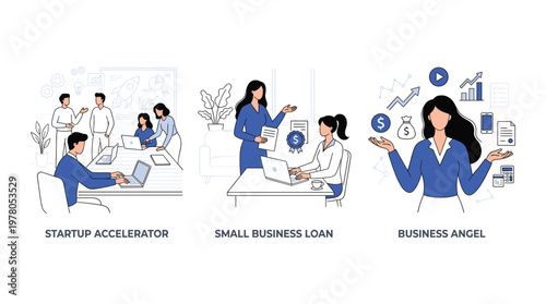 Business Funding Illustration Three Panel Startup Accelerator Small Business Loan and Angel Investment Depicting Entrepreneurship Finance Options